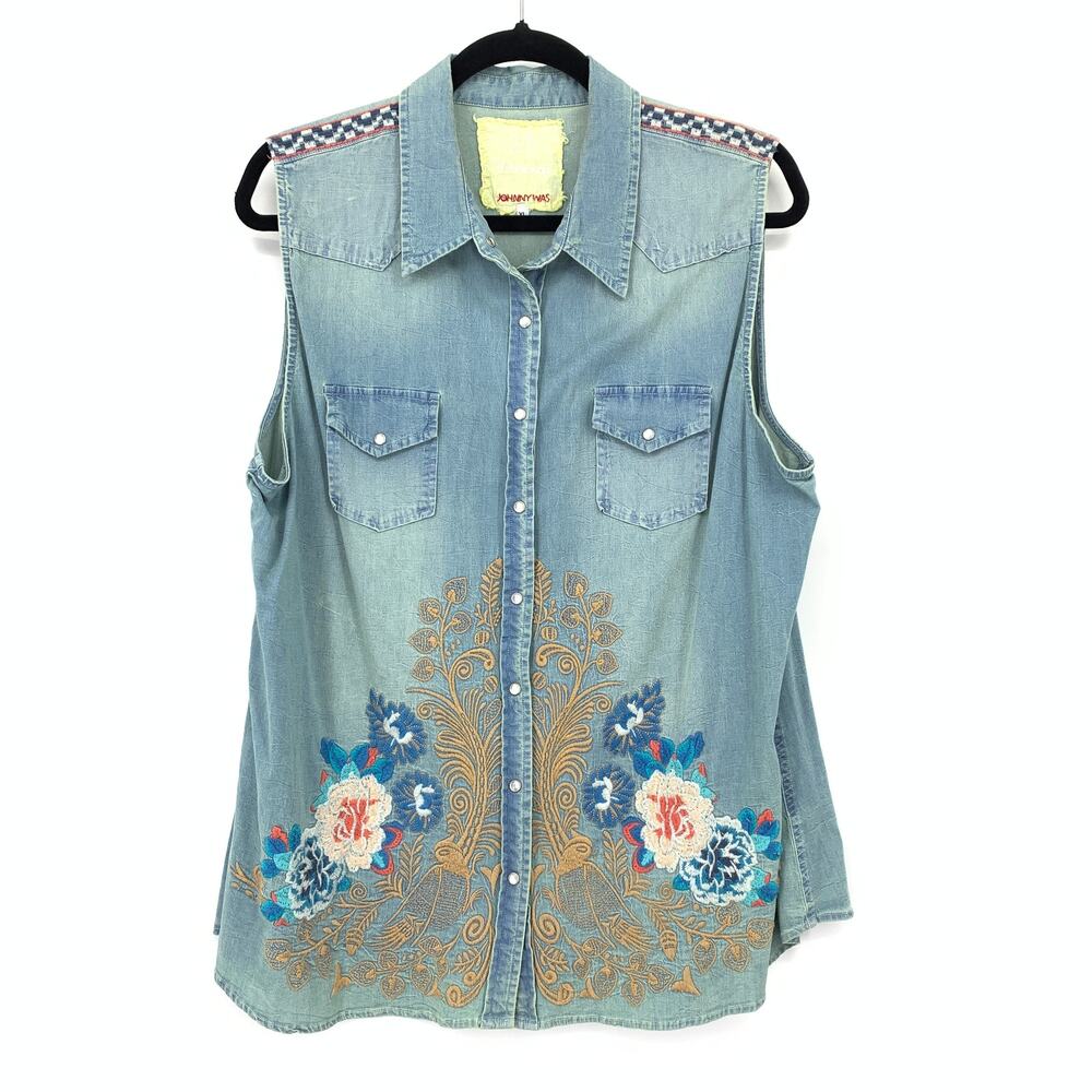 Johnny Was 3J Workshop Snap Front Sleeveless Denim Shirt Womens XL Embroidered